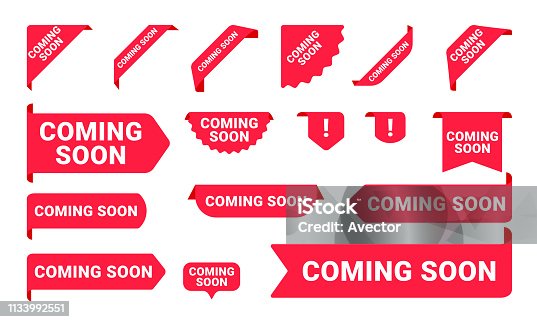 istock Coming Soon promo banners, stickers and tag labels. Vector isolated red pink shop or store banners and ribbon signs 1133992551