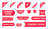 Coming Soon promo banners, stickers and tag labels. Vector isolated red pink shop or store banners and ribbon signs