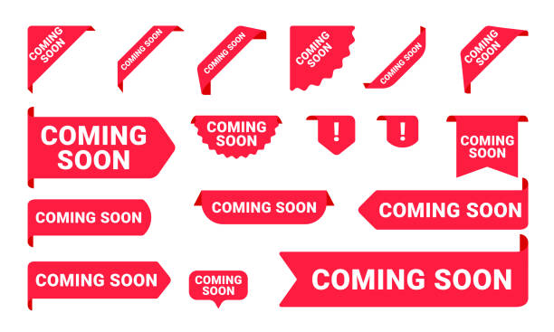 Coming Soon promo banners, stickers and tag labels. Vector isolated red pink shop or store banners and ribbon signs Coming Soon promo banners, stickers and tag labels. Vector isolated red pink shop or store banners and ribbon signs releasing stock illustrations