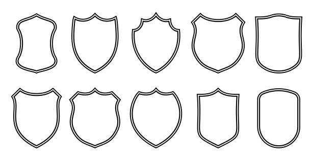 ilustrações de stock, clip art, desenhos animados e ícones de badge patches vector outline templates. vector sport club, military or heraldic shield and coat of arms blank icons - escudo-armamento