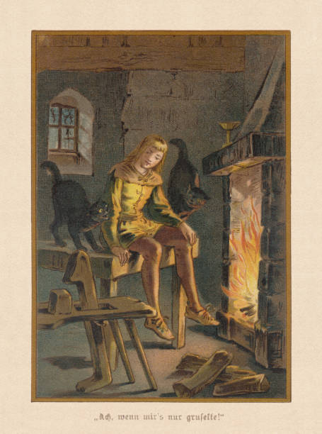 A Boy Who Went forth to Learn Fear, chromolithograph, 1897 The Story of a Boy Who Went Forth to Learn Fear (German: Von einem, der auszog das Fürchten zu lernen). A German fairy tale, written down by Jacob and Wilhelm Grimm. Chromolithograph after a drawing by Thekla Brauer, published in 1898. brothers grimm stock illustrations