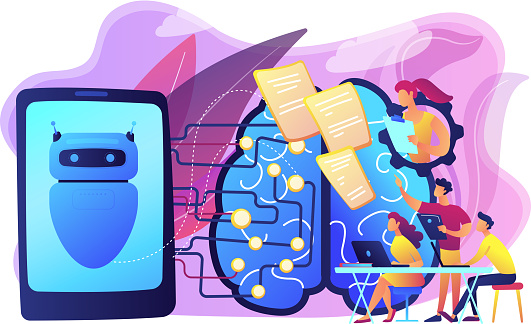 Programmers testing chatbot intelligence and brain with circuit. Chatbot Turing test, intelligent behavior, human-like response concept. Bright vibrant violet vector isolated illustration