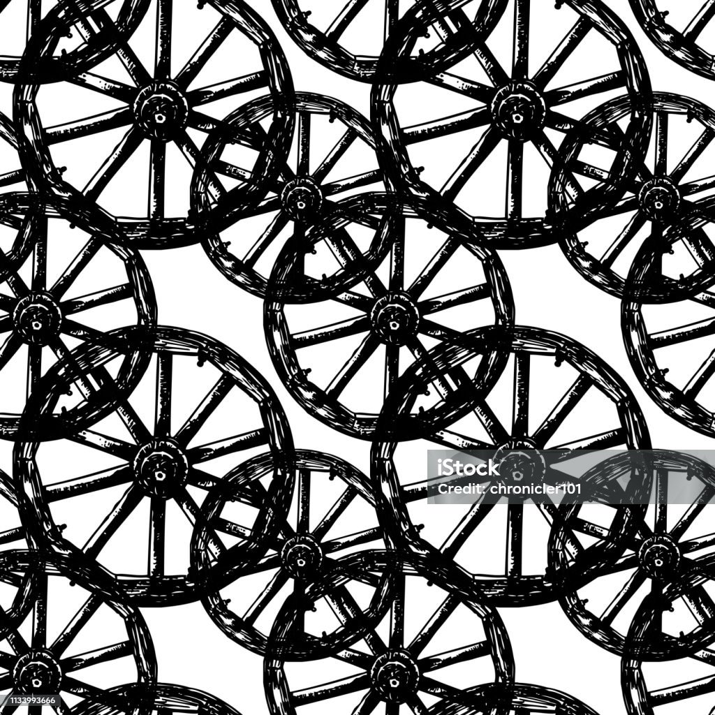 Seamless pattern of old wooden wheels Vector background of old wooden wheels sketches. Antique stock vector