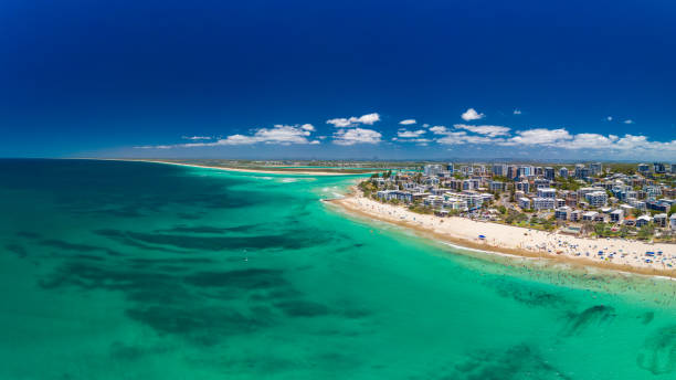 istock Aerial drone panoramic image of ocean waves on a Kings beach, Caloundra, Queensland, Australia 1133993849