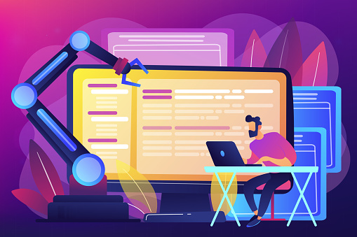 Developer at laptop and computer with open robotic soft. Open automation architecture, open source robotics soft, free development concept. Bright vibrant violet vector isolated illustration