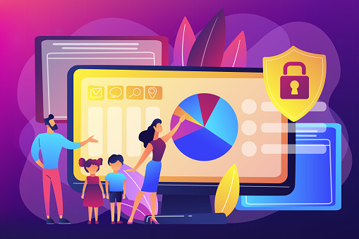 Parents with children using content control software. Parental control software, restricted access for children, media content limitations concept. Bright vibrant violet vector isolated illustration