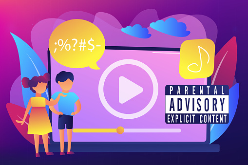 Children at laptop listening to music with parental advisory label warning. Parental advisory, explicit content, kids warning label concept. Bright vibrant violet vector isolated illustration