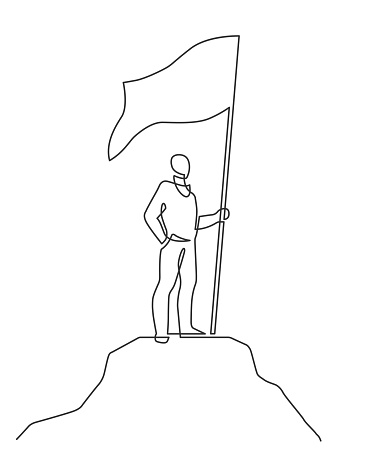 Continuous line drawing of winner holding flag on mountain. Simbol of success. Vector illustration