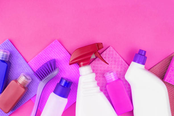 istock House cleaning products are on pink background. 1134000321
