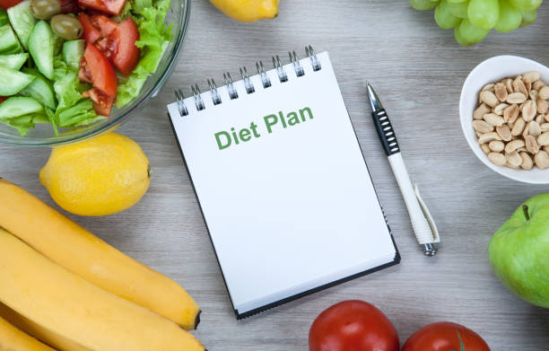 istock notebook with a diet plan with fresh vegetables and fruits on the table top view 1134000562