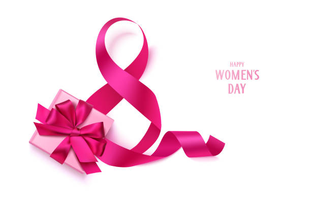 8 March. Happy Womens Day text. Decorative pink bow with gift box isolated on white background. vector art illustration