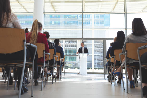 istock male speaker speaks in a business seminar 1134002968