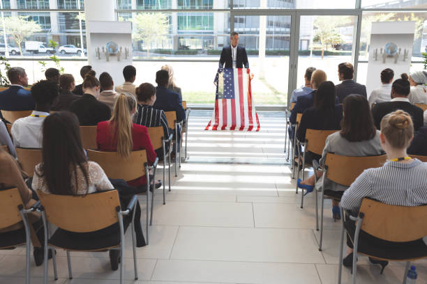 istock Male speaker speaks in a business seminar 1134005099