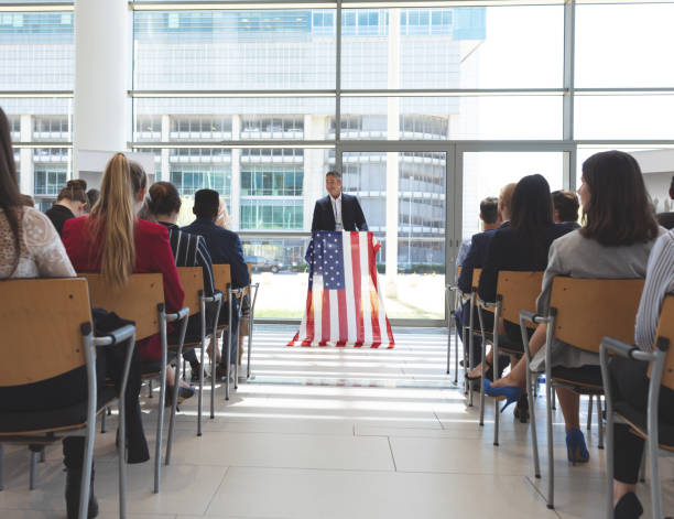istock Male speaker speaks in a business seminar 1134005113