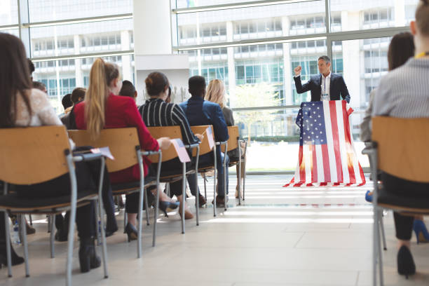 istock Male speaker speaks in a business seminar 1134005154