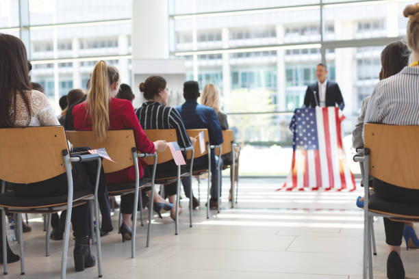 istock Male speaker speaks in a business seminar 1134005191