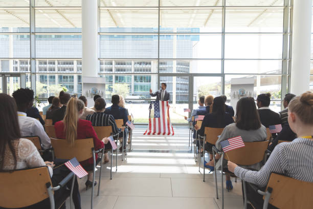 istock Male speaker speaks in a business seminar 1134005239