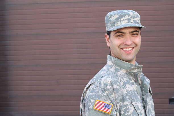 istock Young ethnically ambiguous American soldier with copy space on the right 1134007138