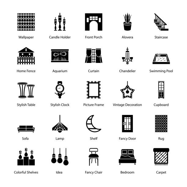 ilustraciones, imágenes clip art, dibujos animados e iconos de stock de iconos de diseño y decoración para el hogar - front porch