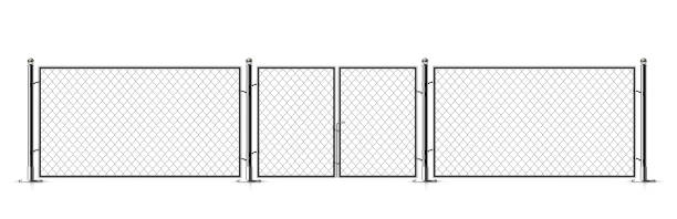 Realistic metal chain link fence. Realistic metal chain link fence. Rabitz. Art design gate. Cemetery fence, hedge, prison barrier, secured property. The chain link of hedge wire mesh steel metal. palisade boundary stock illustrations