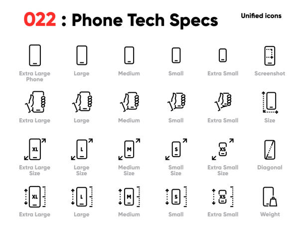 Set of Phone Specifications and Compare Smartphones Line Unified Icons. Includes waterproof IP, Diagonal, Weight, Size and other. Editable Stroke. Set of Phone Specifications and Compare Smartphones Line Unified Icons. Includes waterproof IP, Diagonal, Weight, Size and other. Editable Stroke. Pixel Perfect. Editable Stroke. specifications icon stock illustrations