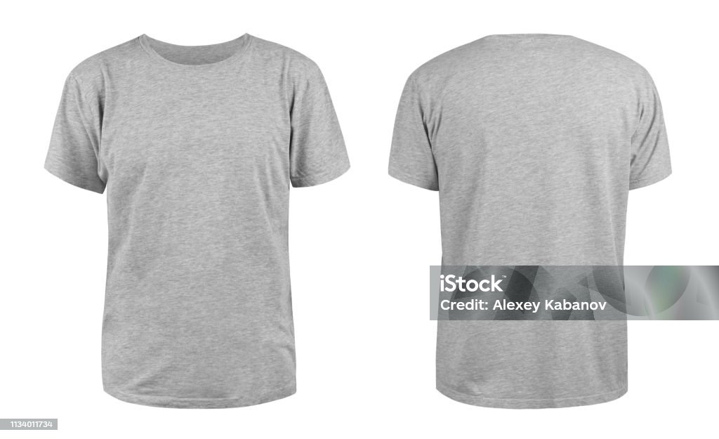 Men's grey blank T-shirt template,from two sides, natural shape on invisible mannequin, for your design mockup for print, isolated on white background Men's grey blank T-shirt template,from two sides, natural shape on invisible mannequin, for your design mockup for print, isolated on white background. T-Shirt Stock Photo