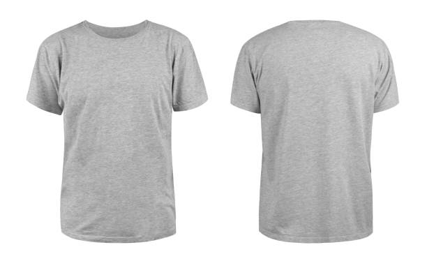 мужская серая пустая футболка шаблон, с двух сторон, естественная форма на невидимом манекене, для вашего дизайна макет для печати, изолиро� - вид спереди стоковые фото и изображения