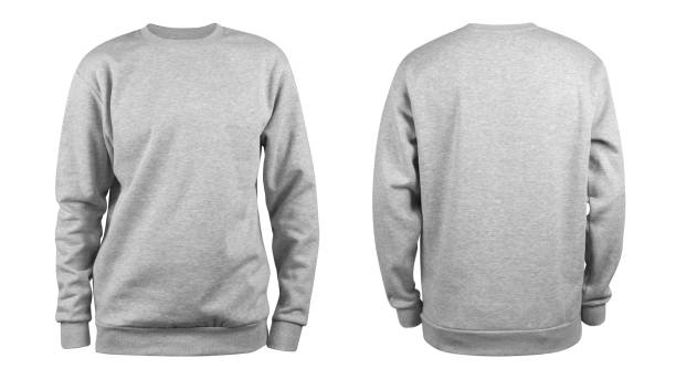 herren graue leere sweatshirt-vorlage, von zwei seiten, natürliche form auf unsichtbarer schaufensterpuppe, für ihr design mockup für den druck, isoliert auf weißem hintergrund. - sweatshirts stock-fotos und bilder