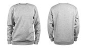 Men's grey blank sweatshirt template,from two sides, natural shape on invisible mannequin, for your design mockup for print, isolated on white background.