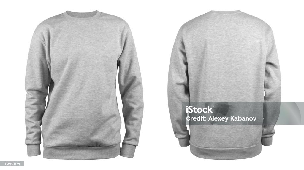 Men's grey blank sweatshirt template,from two sides, natural shape on invisible mannequin, for your design mockup for print, isolated on white background. Sweatshirt Stock Photo