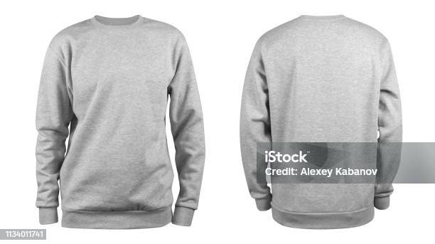 Mens Grey Blank Sweatshirt Template From Two Sides Natural Shape On Invisible Mannequin For Your Design Mockup For Print Isolated On White Background Stock Photo - Download Image Now