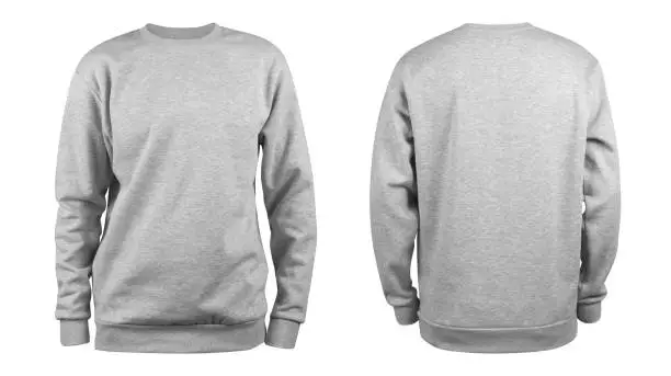 Photo of Men's grey blank sweatshirt template,from two sides, natural shape on invisible mannequin, for your design mockup for print, isolated on white background.