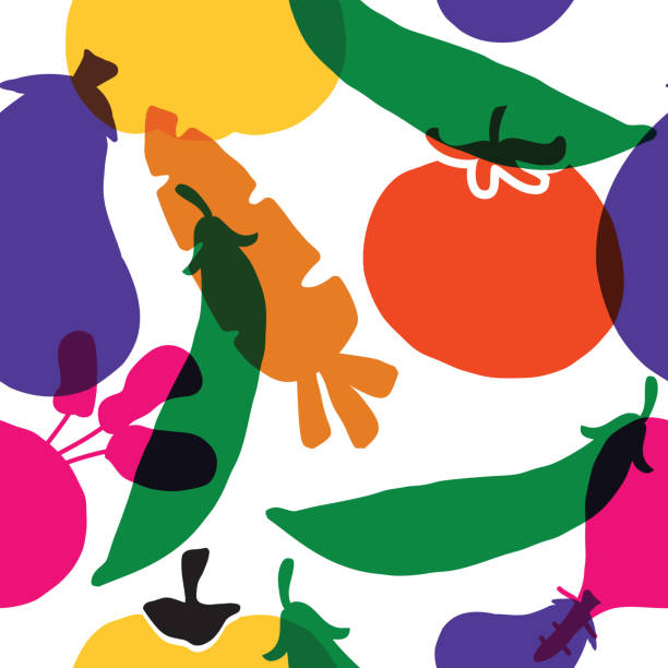 ilustraciones, imágenes clip art, dibujos animados e iconos de stock de patrón vegetal sin costuras. ilustración de berenjena, zanahoria, calabaza, remolacha, tomate y guisantes. vector - green pea food vegetable healthy eating