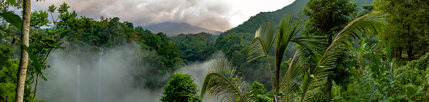 Panoramic view of dense rainforest and large waterfalls in thick mist, with mountains in the distance