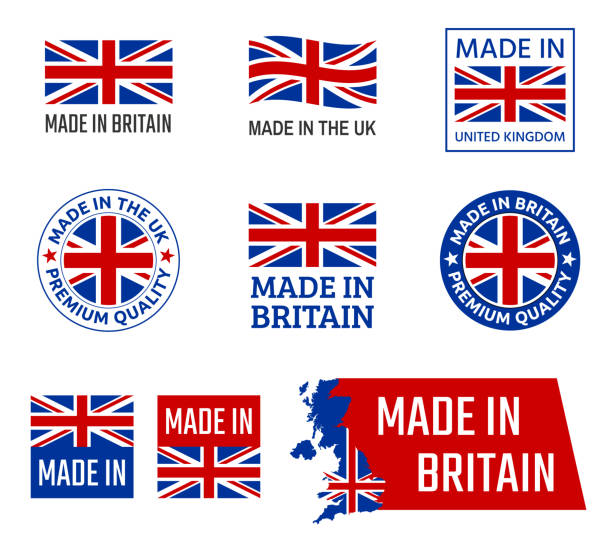 ilustraciones, imágenes clip art, dibujos animados e iconos de stock de hecho en reino unido, emblema del producto de gran bretaña - european union flag illustrations