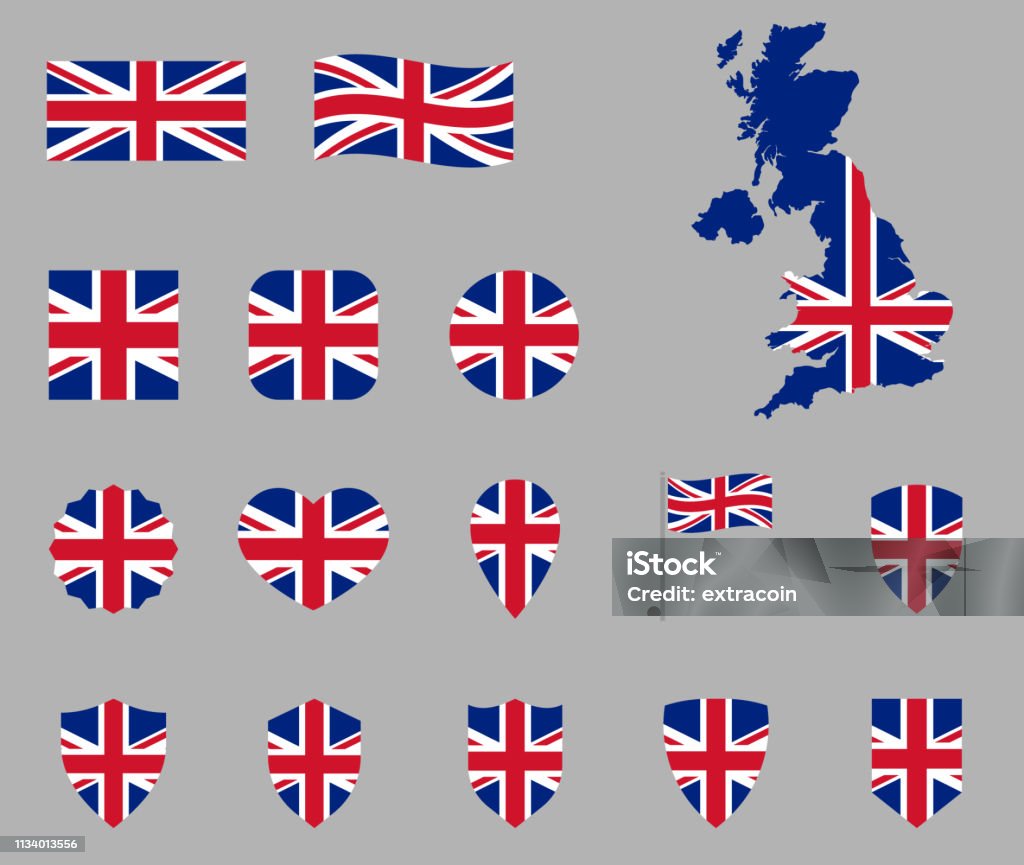 UK flag icon set, British national flag icons, flag of United Kingdom - Union Jack United kingdom flag icons set, national symbol of the Great Britain - Union Jack, UK icons Awe stock vector
