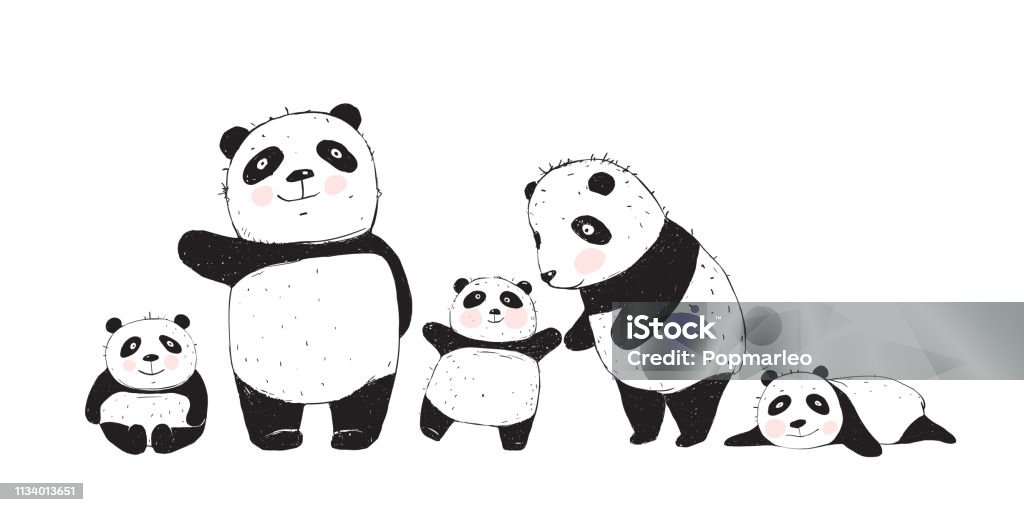Big Family of Pandas Parents and Kids Cute Panda Bears family, mother father and kids isolated. Family stock vector