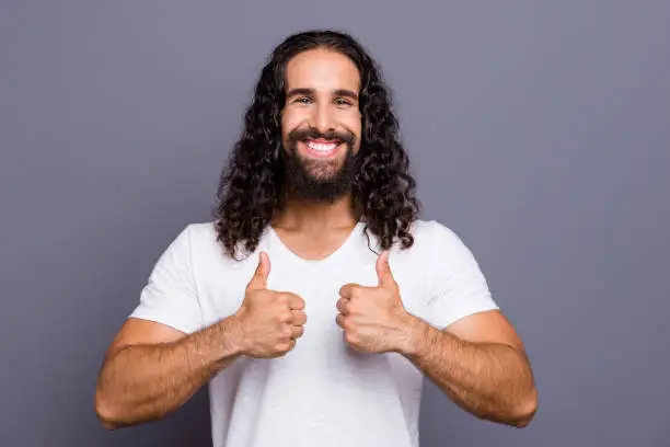 Portrait of his he nice cool well-groomed attractive cheerful cheery wavy-haired guy showing double two thumbup isolated over gray violet purple pastel background.