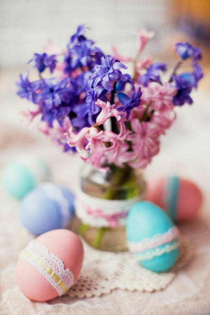 istock lilac and pink hyacinths and easter eggs 1134016980