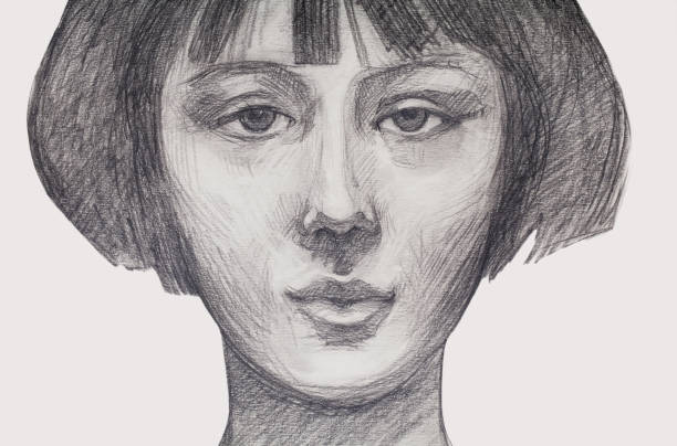 istock Fashionable female illustration modern artwork impressionism my original pencil drawing on paper  horizontal portrait of a girl with a retro Kare haircut 1134017174