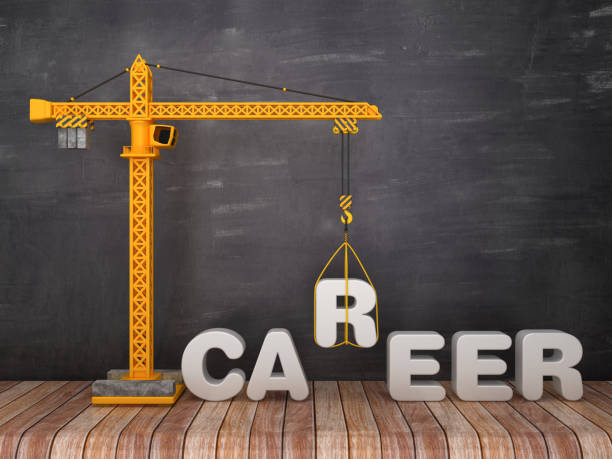istock Tower Crane with CAREER Word on Chalkboard Background - 3D Rendering 1134017335