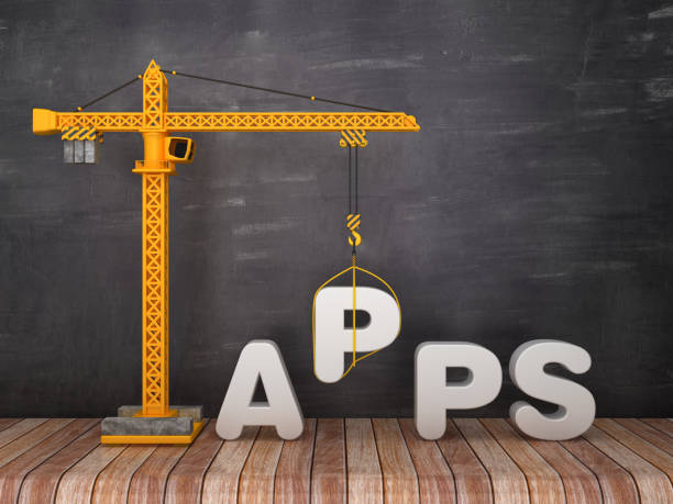 istock Tower Crane with APPS Word on Chalkboard Background - 3D Rendering 1134017378
