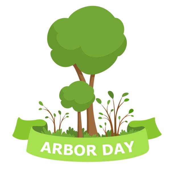 Environmental poster, banner, emblem. Green tree vector – cartoon  illustration on white background Arbor Day stock illustrations