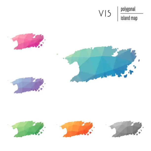 Vector illustration of Set of vector polygonal Vis maps filled with bright gradient of low poly art.