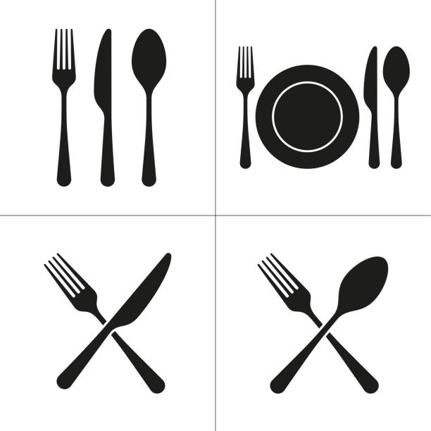 ilustrações de stock, clip art, desenhos animados e ícones de cutlery restaurant icons - chef commercial kitchen cooking silhouette