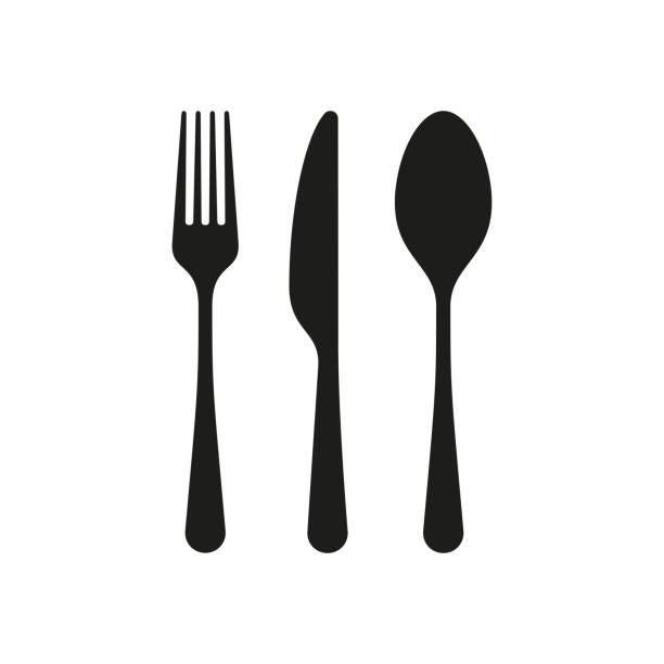 ilustraciones, imágenes clip art, dibujos animados e iconos de stock de iconos de horquilla, cuchara y cuchillo aislados sobre fondo blanco - bifurcación