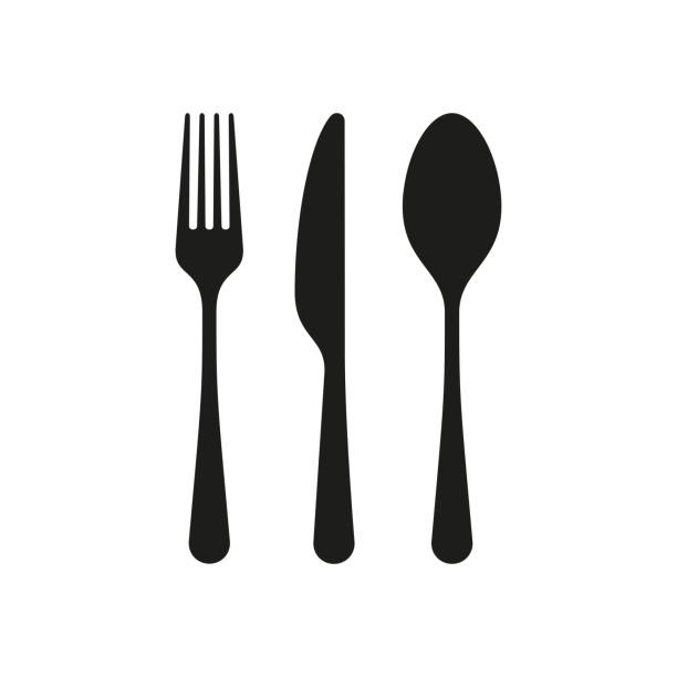 ikony widelca, łyżki i noża izolowane na białym tle - fork in the road stock illustrations