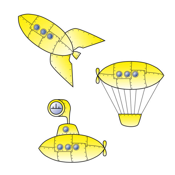 Set of yellow retro cartoon rocket, zeppelin or balloon and submarine as symbols of traveling Illustration with yellow transportation vehicles made of riveted metal alev stock illustrations