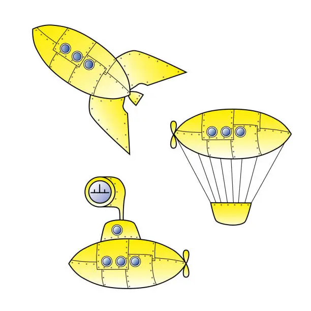 Vector illustration of Set of yellow retro cartoon rocket, zeppelin or balloon and submarine as symbols of traveling