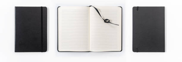 koncepcja biznesowa — kolekcja widoku z góry czarnego notebooka na białym biurku w tle dla makiety - book black isolated on white note pad zdjęcia i obrazy z banku zdjęć